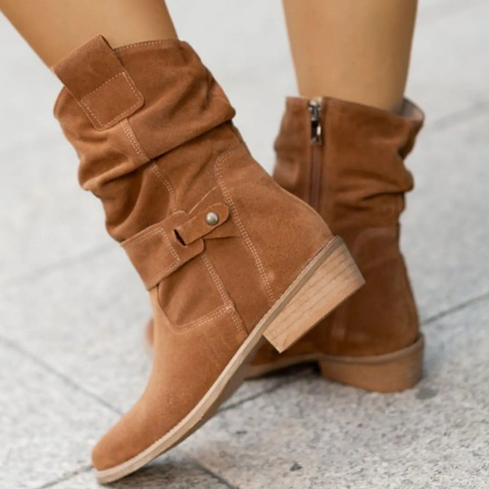 2023 Winter Warm Suede Women Boots Vintage Zipper Shoes Buckle Lady Mid-calf Boot Outdoor Thick Low Heel Female Pointed Booties 241121