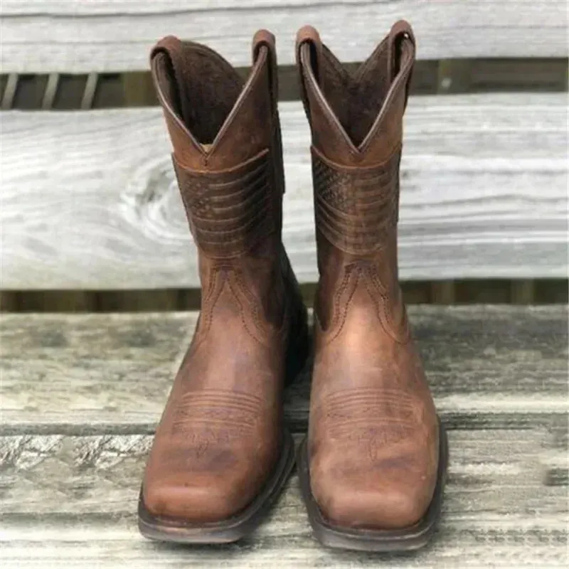 Men Square Toe Thick Heel Mid-Tube Knight Retro Distressed Western Vintage Flag Shoes Leather Boots 240612 241118