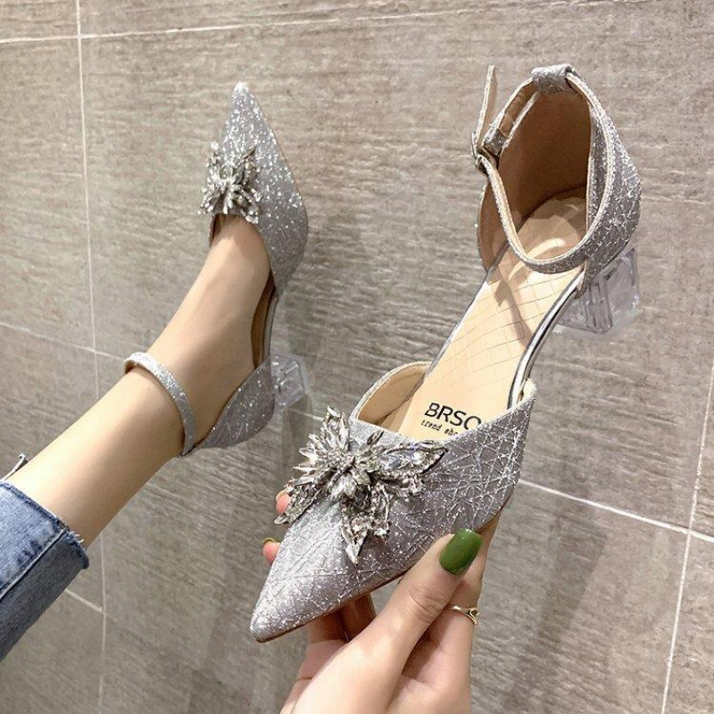 Sandals for Women Party and Weddings Footwear with Medium Heels Ladies Shoes Silver Summer 2024 Pointed Toe Diamond Rhinestones