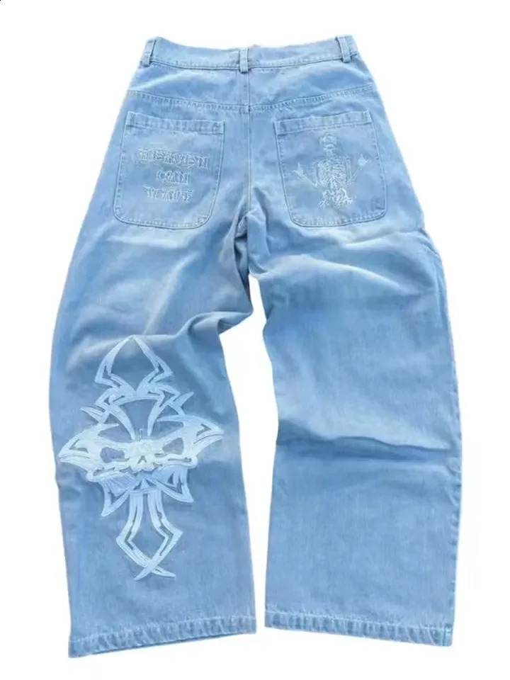 Hip Hop Y2K mens retro skull embroidery womens denim pants straight casual loose wide leg Trouser streetwear 240930
