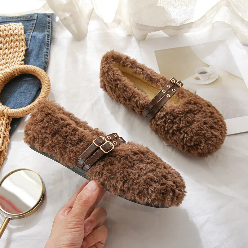 winter womens plush warm Korean style pump loafers party and work wear Ladies casual flats mary jane boat shoes 241015