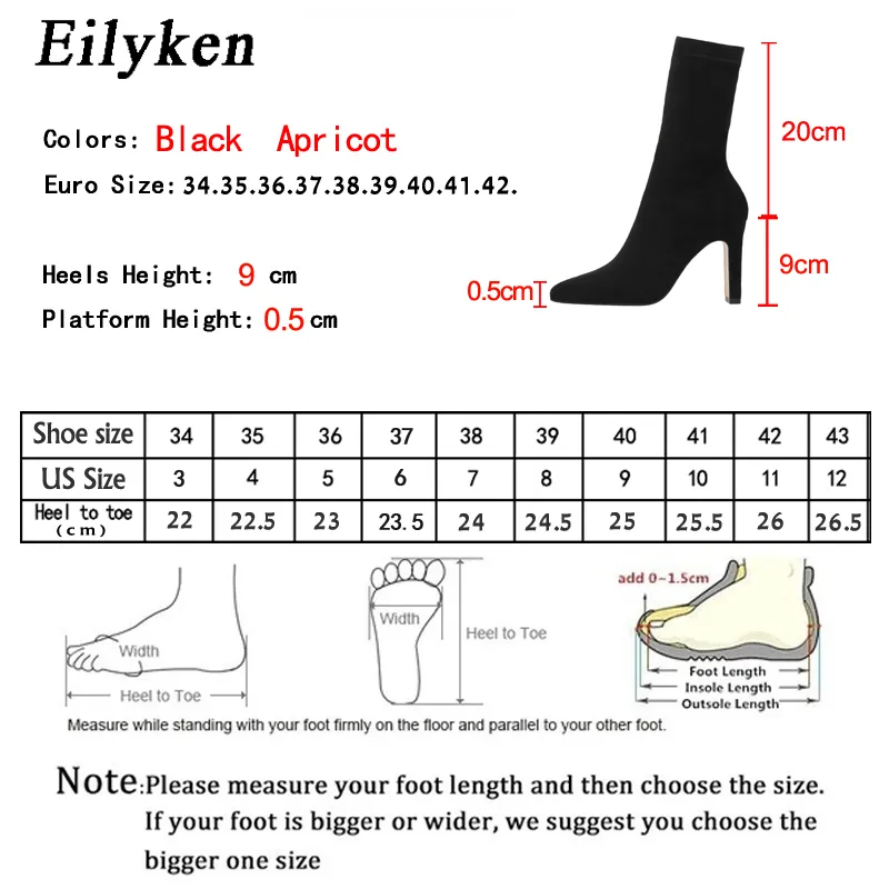 Eilyken Plus Size 34-42 High Boots Sock Ck Women Sexy Thick Heel Female Winter Pointed Toe Ankle Booties Shoes