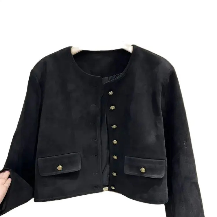Short coat suede little perfume spring womens French round neck solid casual top autumn 241014