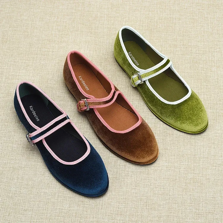 Spanish style Round Toe Womens Veet Flats Fashion Mary Jane Women Shoes Green Blue Brown 240705 241121