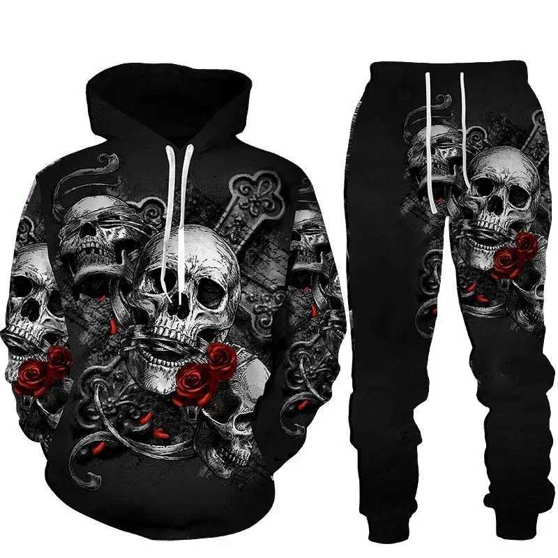 Skull 3D Print Men Punk Hoodie Suit Tracksuit/Pants Goth Skeletons Pullover Casual Streetwear Oversize Autumn Winter Hot-sellingXJ241015