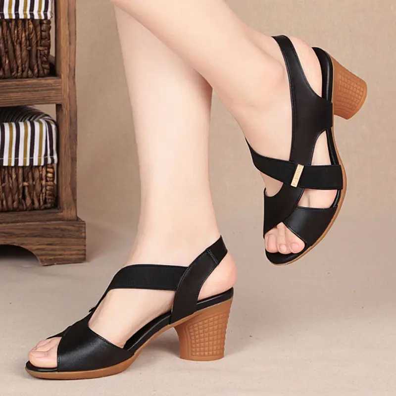 2024 New Womens Sandals Summer Comfortable High Heels Thick High Heels Leather Toe Non slip Soft Bottom Mother Shoes Slide Up Y241014