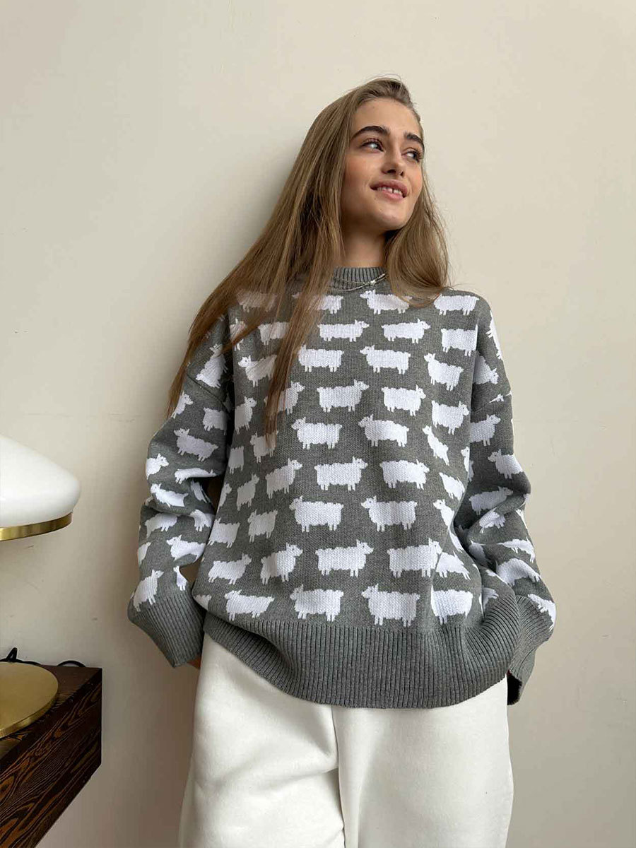 Elegant Women Sheep Printing Sweater Warm Knitted Classic O-Neck Pullover Tops Autumn Winter 2024 Streetwear Sweater