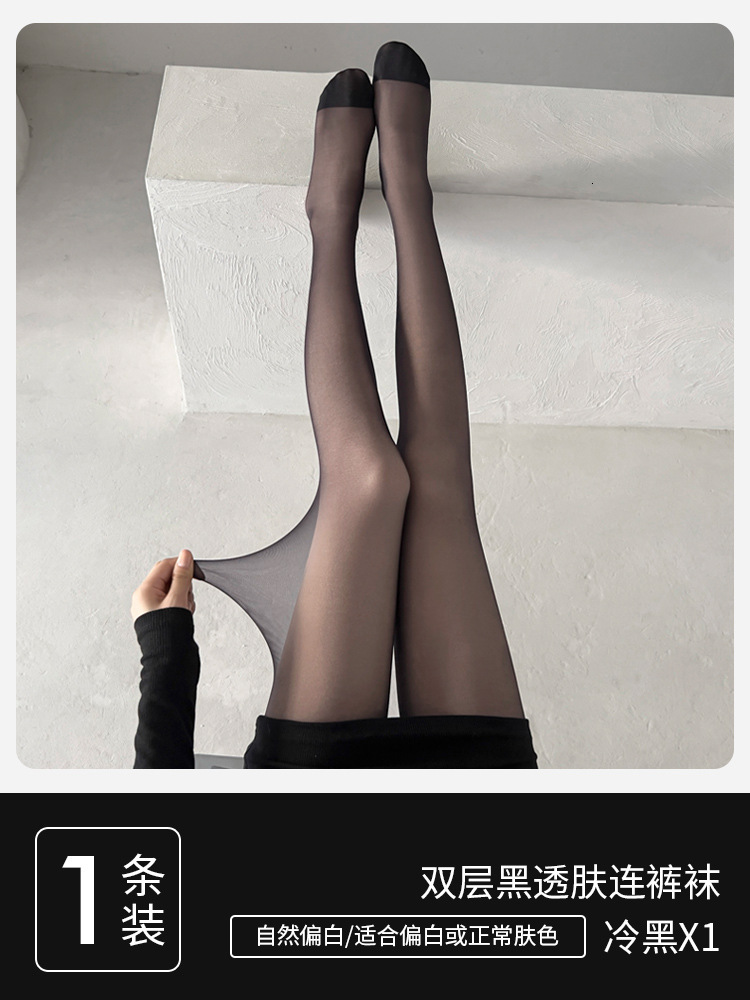 2025 New Designer Women s Winter Pantyhose trend Double layered Translucent Bare Leg Socks Warm Tight Pants with Wool Black Silk Socks