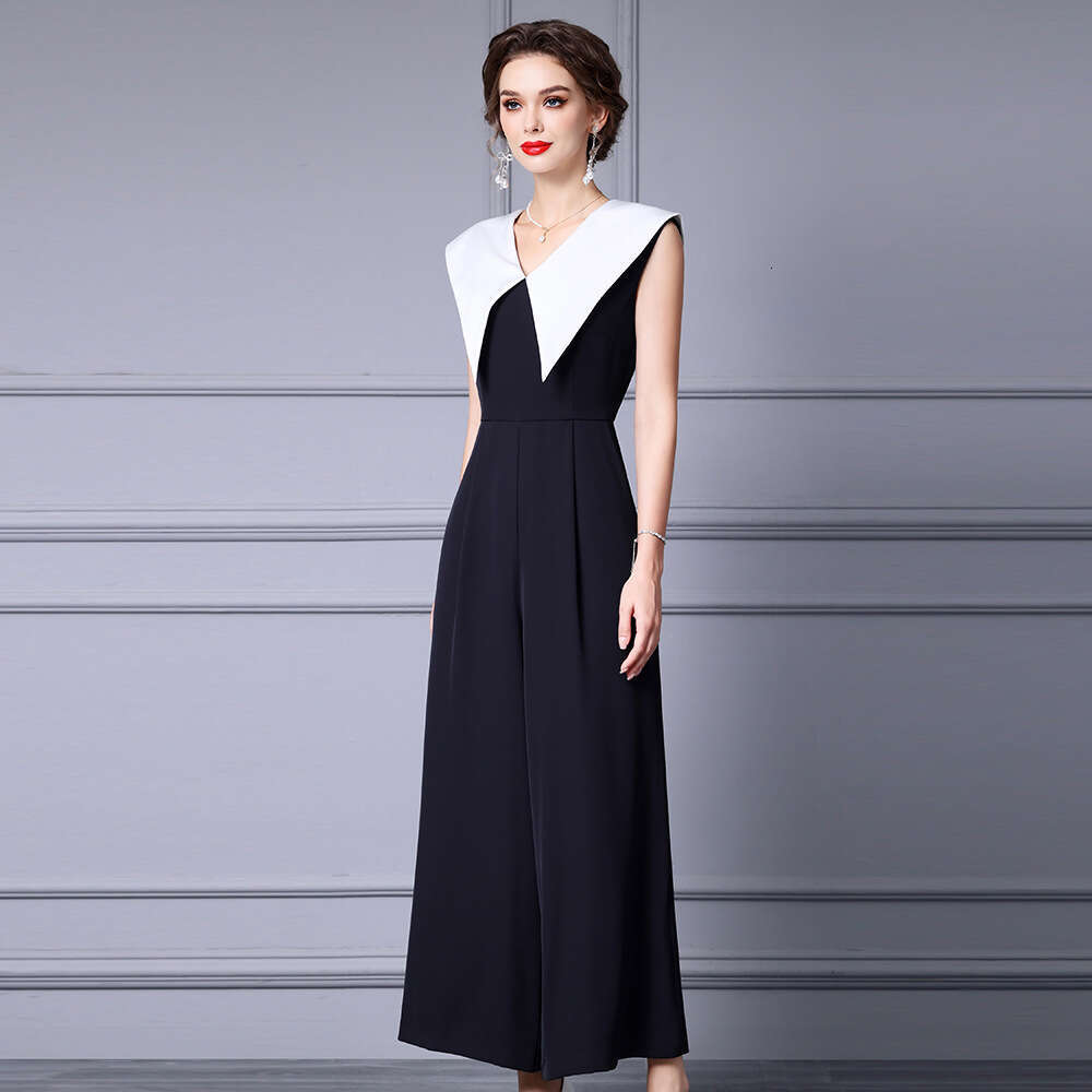 Zhi Li Gao Leng Yu Jie Fan Straight Wide Leg Pants Black and White Contrast Large Collar High Waist jumpsuit Summer 2024 New Style