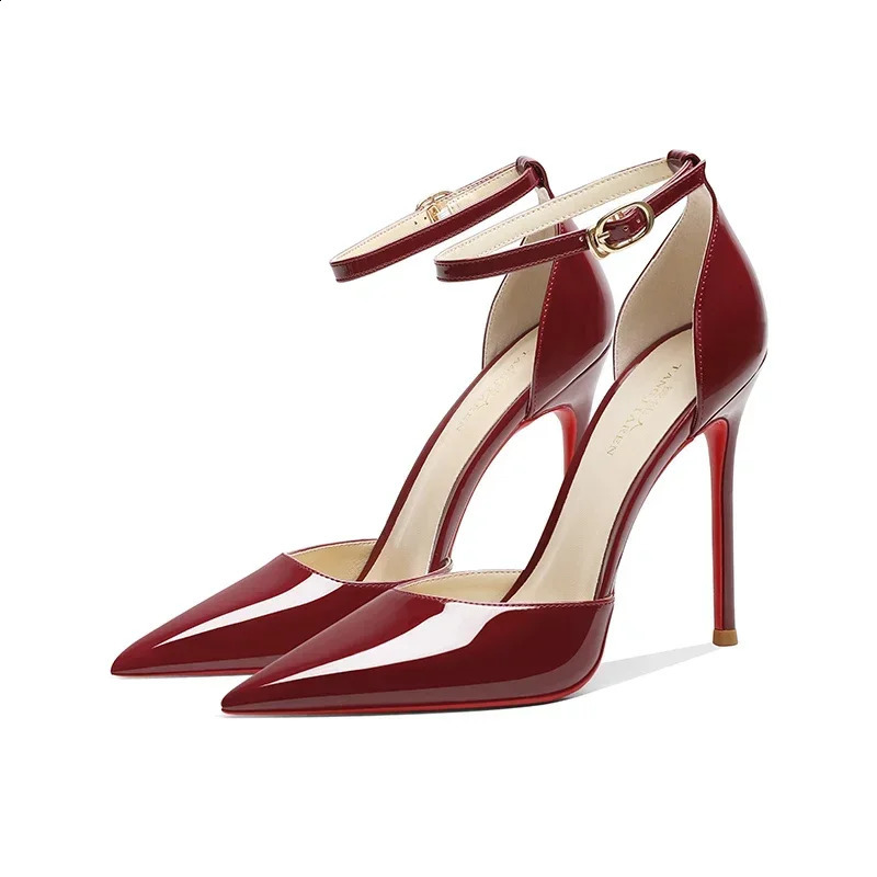 Wine Red High Heels Womens Thin Heels One Line Buckle Baotou Sandals Sexy and Temperament Pointed Hollow Single Shoes 241010