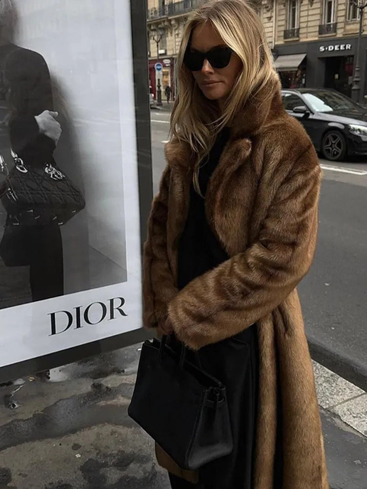 Brown thick faux fur coat womens fashionable oversized long sleeved lapel coat winter elegant street coat 241015