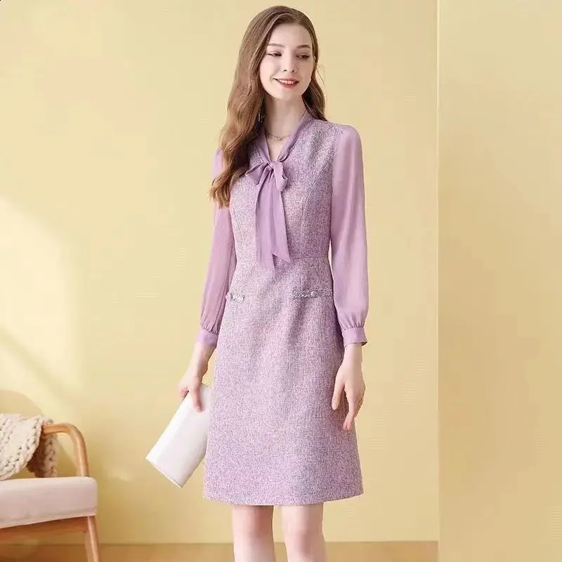 EVNISI Womens Elegant Purple Coarse Felt Dress Scarf Collar Casual Slimming Office A-line Dress Fairy Party Vestido Autumn 241010
