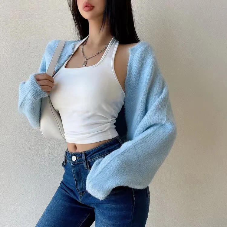 Mohair Knitted Bolero Cardigan for Women Open Front Cropped Shrug Sweater Fuzzy Long Sleeve Trendy Knitwear 241009