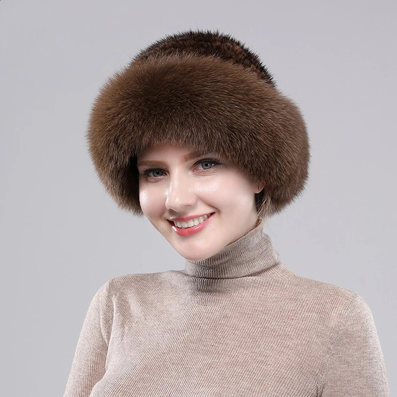 2024 Girls Quality Soft Genuine Mink Fur Hats Women Winter Knitted Real Mink Fur Bomber Hat Natural Warm Fox Fur Cap 241014