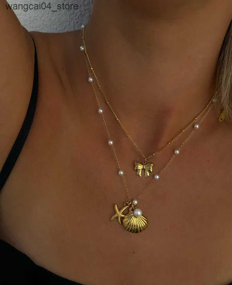 Chokers Uworld Starfish Shell Pearl Necklace for Women Seaside Holiday Elegant Waterproof Pendant Stainless Steel Jewelry Gift New L240910