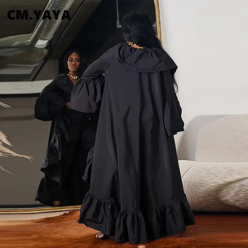 CM.YAYA Womens Retro Ruffle Shoulder Flame Bat Wing Long Sleeve Open Sewing Street Clothing Black Maxi Trench Jacket 241015