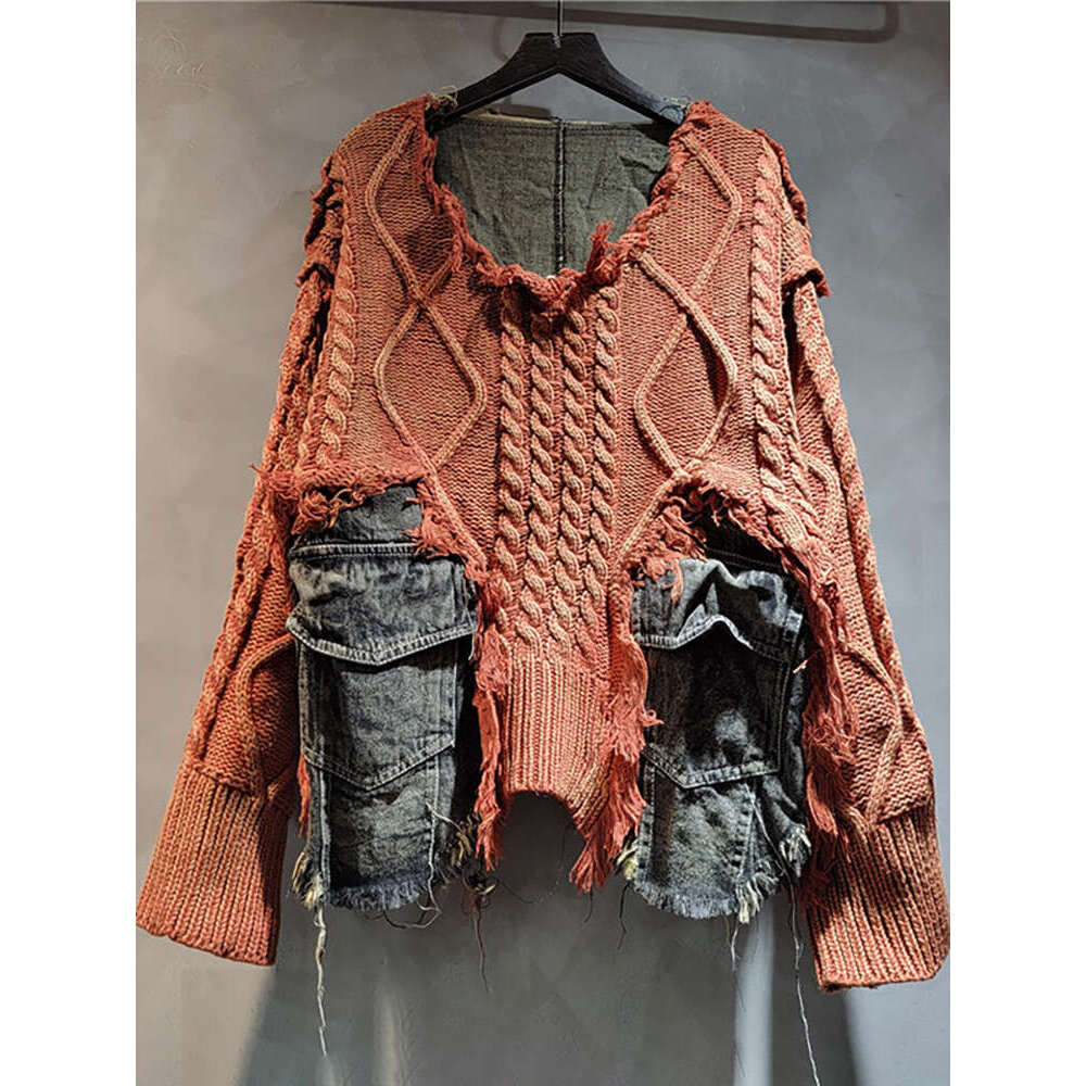 DEAT Women's Pullover Long Sleeve Irregular Do Old Patchwork Pockets Vintage Washed Denim Sweater2024 Autumn New Fashion 29L8195