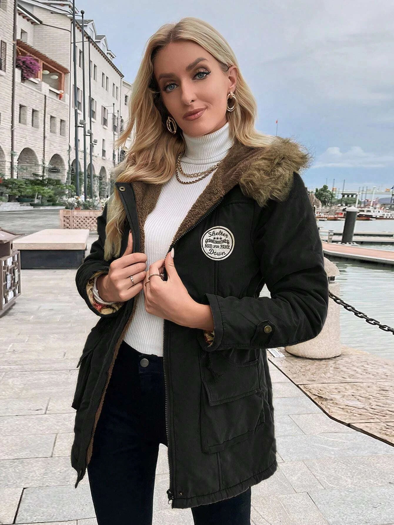 Woman Winter Padded Coat Jacket Waist Drawstring Wool Liner Hooded Fur Collar Warm Loose Fashion Parka Clothes 241011