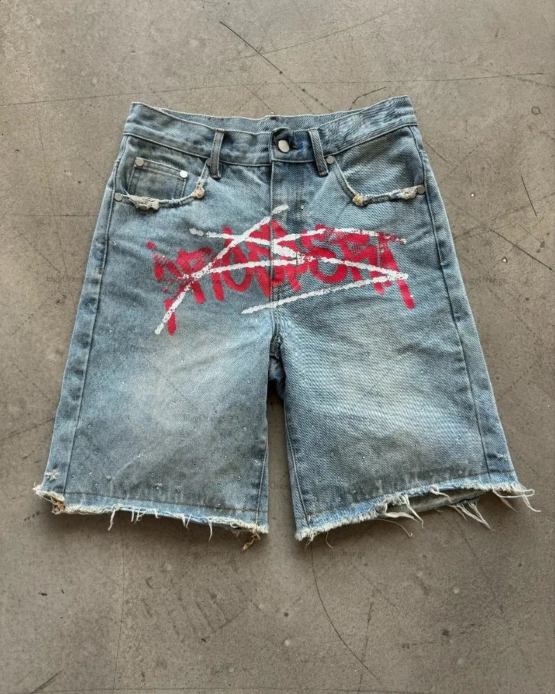 European and American Street Y2k Harajuku Shorts Gothic Punk Fashion Letters Colorful Printed Jeans Loose Casual Denim Shorts 241014