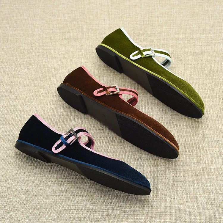 Spanish style Round Toe Womens Veet Flats Fashion Mary Jane Women Shoes Green Blue Brown 240705 241121