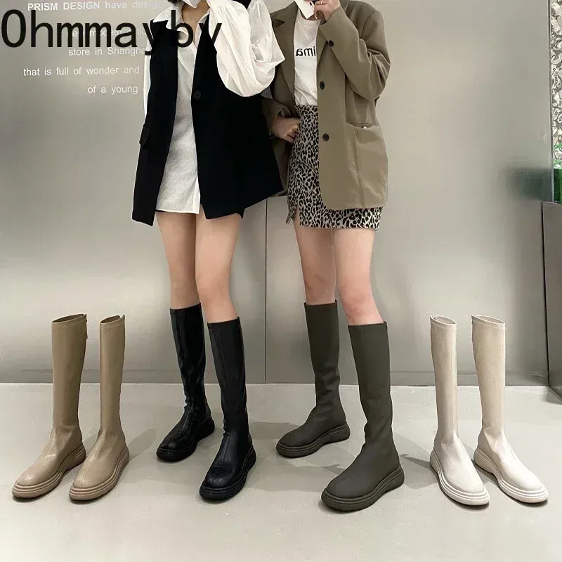 2024 Women Boots Long Thick Sole Ladies Zipper Knight Flats Heel Fashion Knee-High Boots Keep Warm Plush Winter Shoes Snow Booties