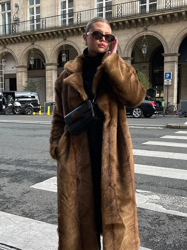 Brown thick faux fur coat womens fashionable oversized long sleeved lapel coat winter elegant street coat 241015