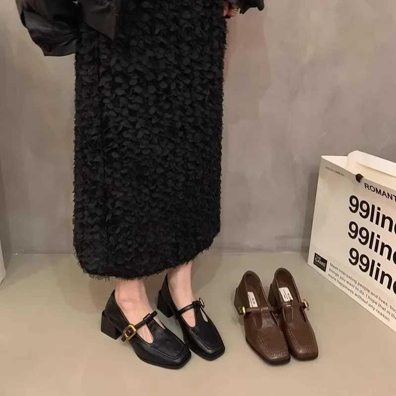 2024 New Womens Pump Mary Janes Short and Fat High Heels Office Clothes Brown and Black Womens Shoes Fashion Shoes Y241014