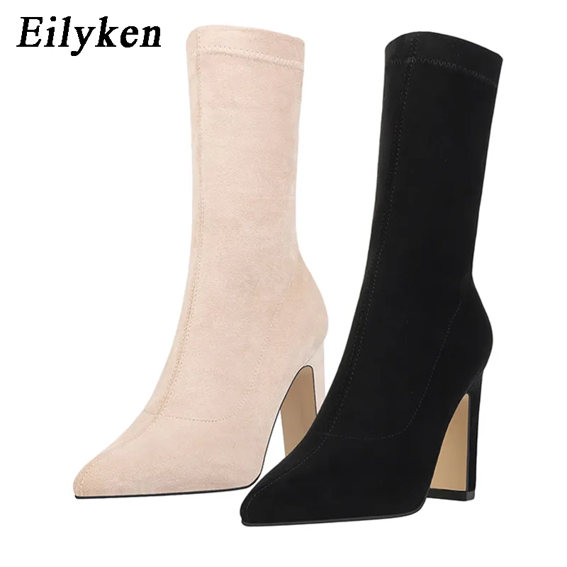 Eilyken Plus Size 34-42 High Boots Sock Ck Women Sexy Thick Heel Female Winter Pointed Toe Ankle Booties Shoes