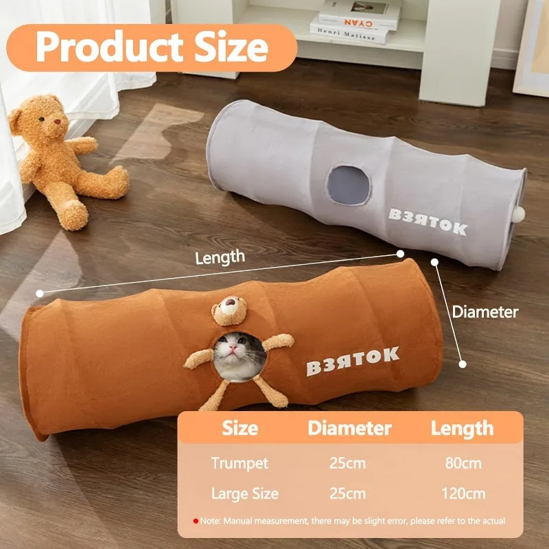 Indoor Cat Tunnel, Foldable Straight Tube Cartoon Cat Tunnel with Plush Ball, Easy to Store and Clean Cat Toy Pet Supplies