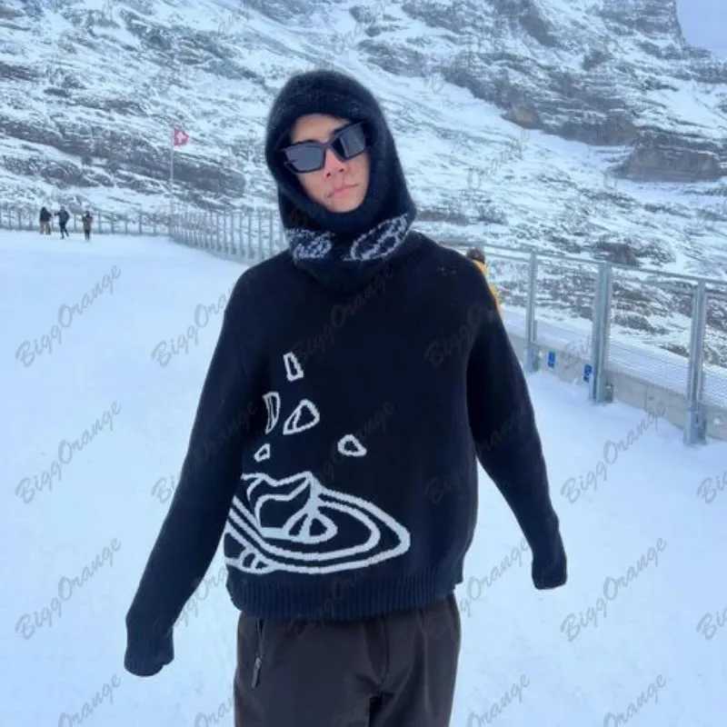 Men's T-Shirts Mens and womens knitted zipper planet universe star black warm top loose and comfortable youth clothing Y2KF 2024 Y2410151HLB