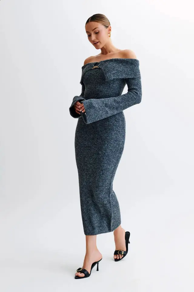 Fall Winter Fluffy Solid Knitted Flared Long Sleeve Midi Dress Elegant Bodycon Off Shoulder Sweater Long Dress For Women 241015