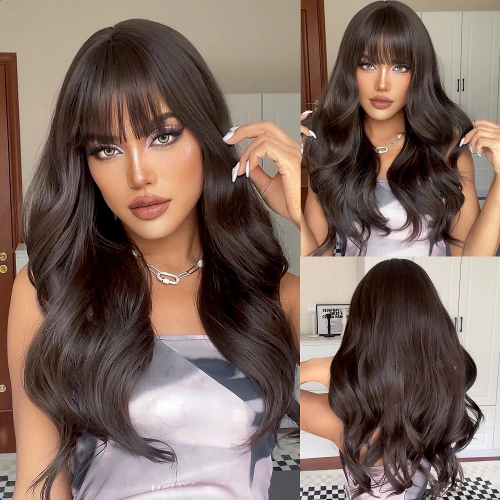 Deep brown long wavy synthetic wig with bangs natural wavy hair cosplay party daily use of heat-resistant fiber wig for women 241015