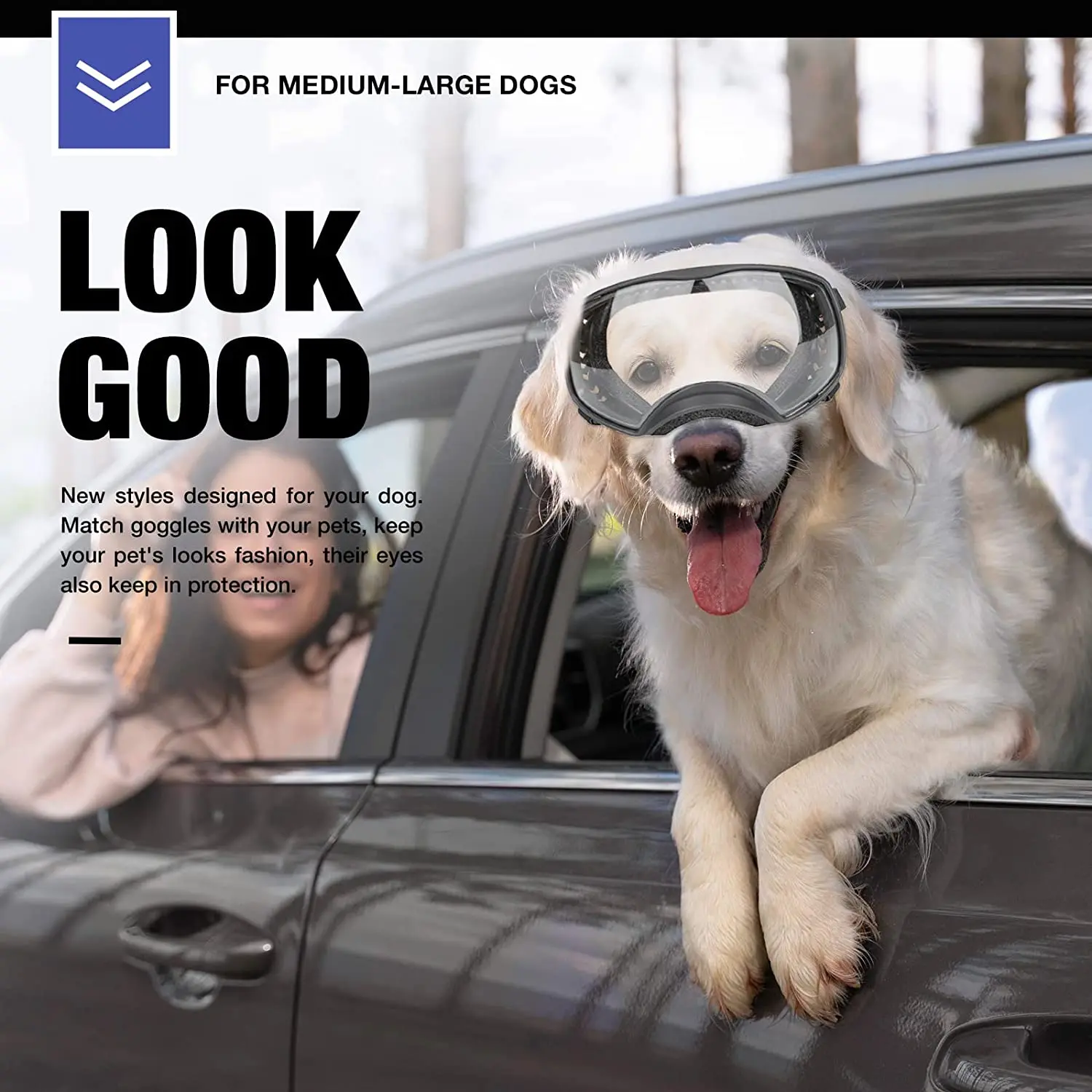 ATUBAN Clear Dog Goggles Medium Large Dog Sport Sunglasses UV Protection Soft Pet Goggles Deep Eyecups Fog/Windproof for Dogs