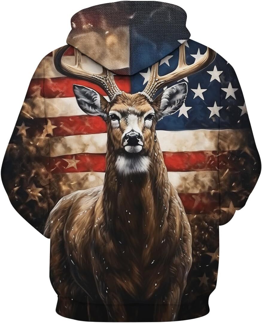 Hoodie for Mens Womens Unisex Vintage American Flag Deer Hooded Sweatshirts Animal Graphic Pockets Long Sleeve Pullover Graphic Fashionable and Warm