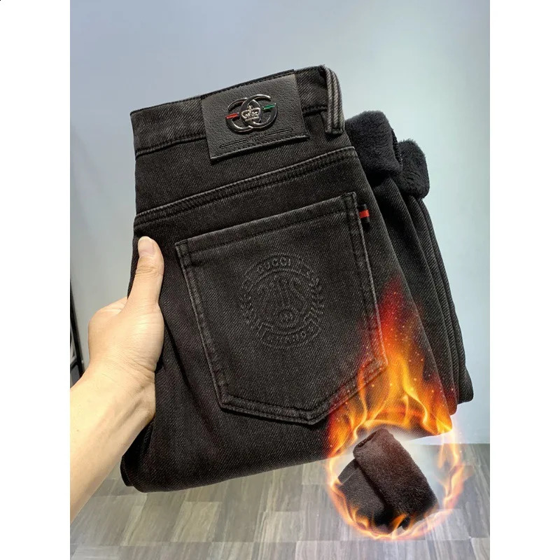 black and velvet thick jeans for men fashionable highend fully matched tight fitting warm boys in winter 241008