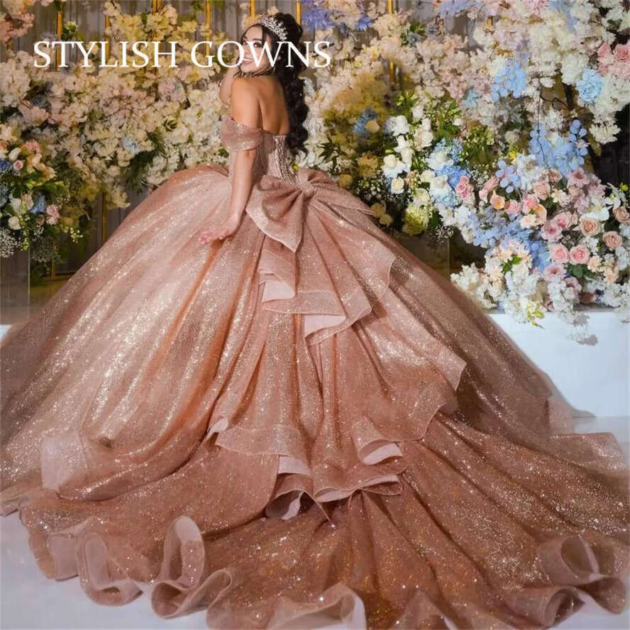 Rose Off Mexico Gold The Shoulder Quinceanera Dress Sparkly Bow Princess Ball Gown For Sweet 16 Birthday Graduation Dresses 0627 es