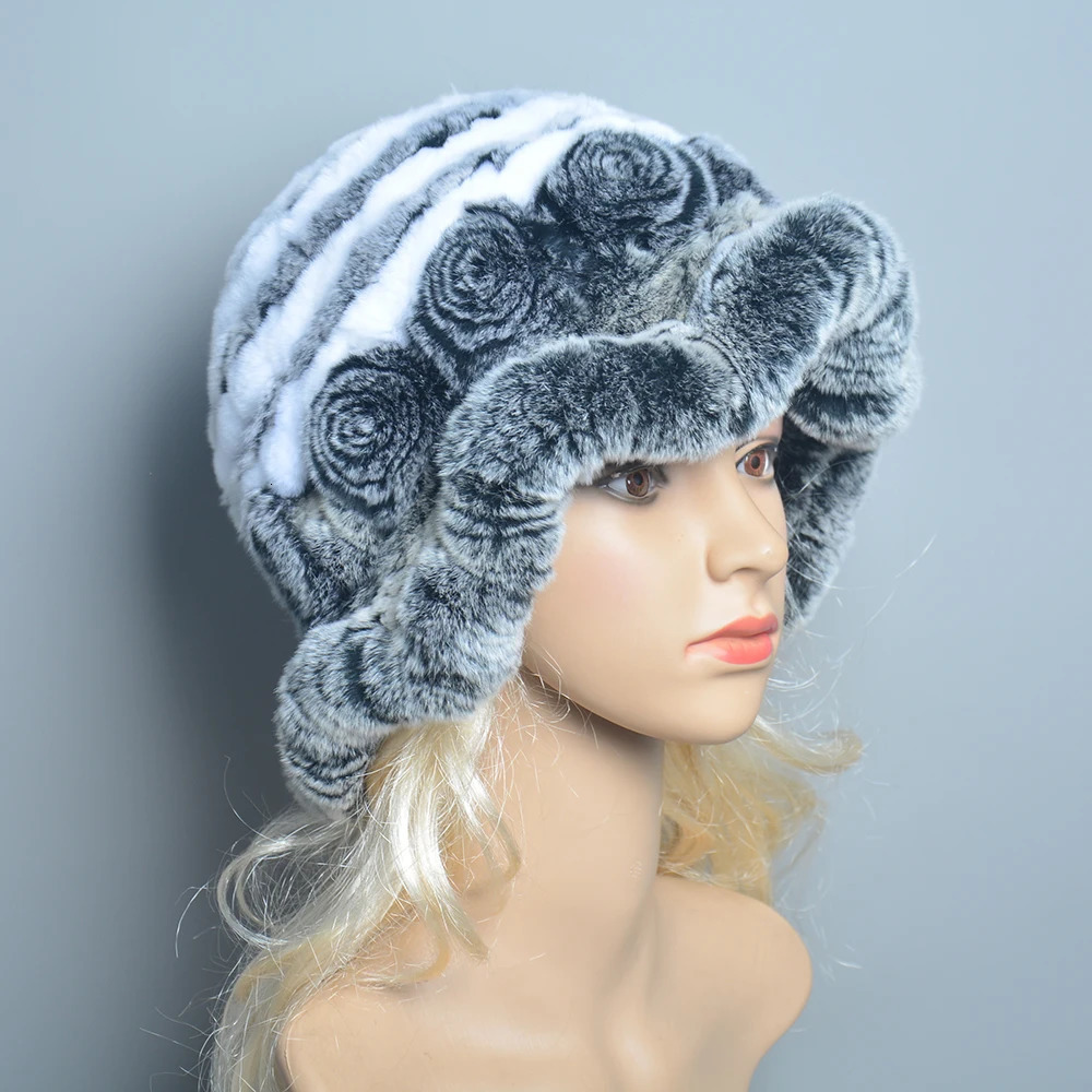 Female Natural Knitted Real Rex Rabbit Fur Cap Winter Warm Genuine Fur Beanies Hats Russian Women Floral Striped Real Fur Caps 241009