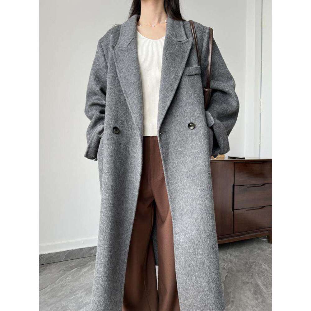 Office Lady Woolen Jackets 2024 Autumn And Winter Suit Collar Double Breasted Loose Long Women's 100% Wool Coats