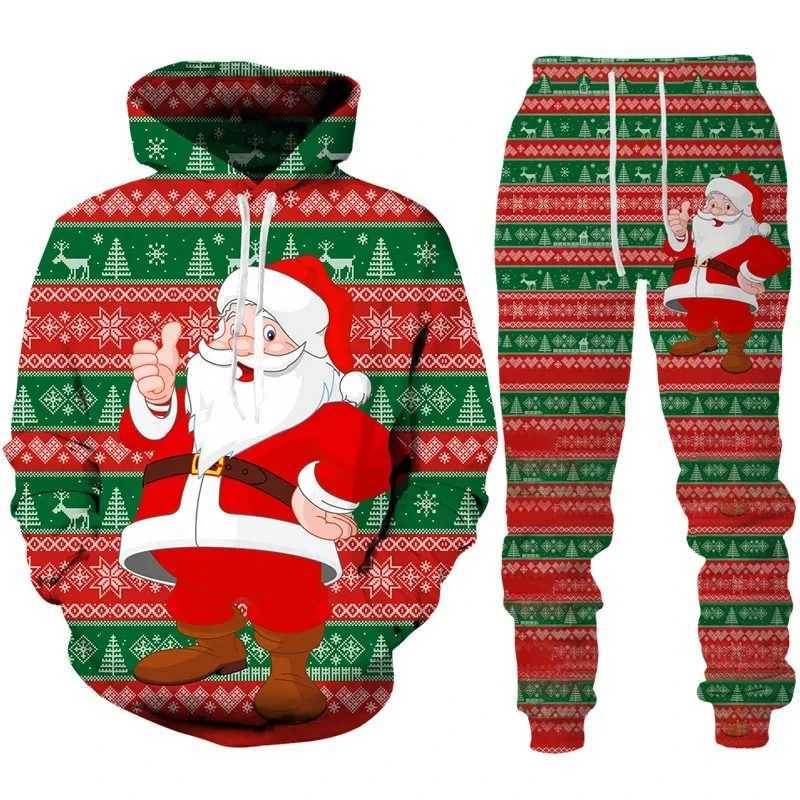 New Years Party 3D Printed Santa Claus Mens Hoodie Pants 2-piece Set Casual Oversized Long Sleeve Zipper Y241016