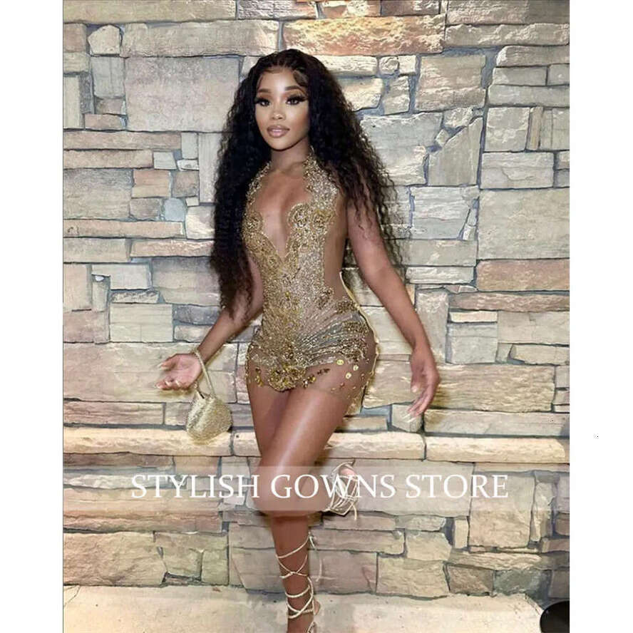 Gold O Sparkly Sheer Neck Short Prom Dress For Black Girl Beaded Crystal Dia Birthday Party Dresses Mini Tail Homecoming 0627 es