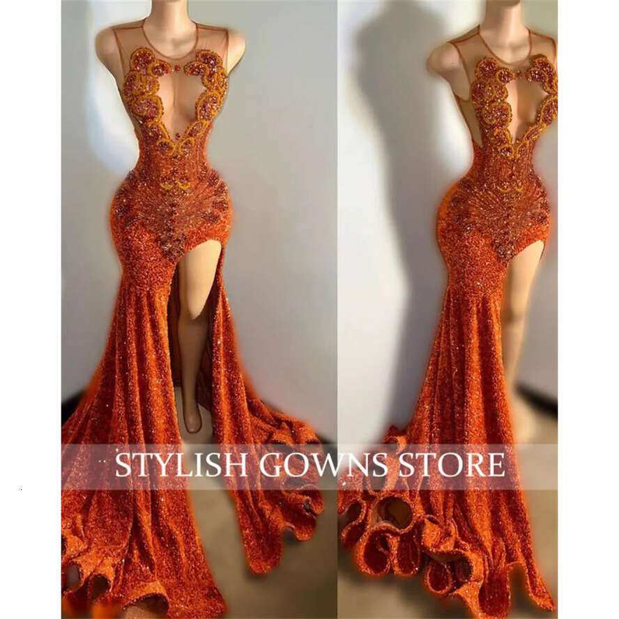 O Neck Sheer Orange Long Prom Dress For Black Girls Beaded Crystal Birthday Party Dresses Sequined Evening Gowns Mermaid High 0627 es