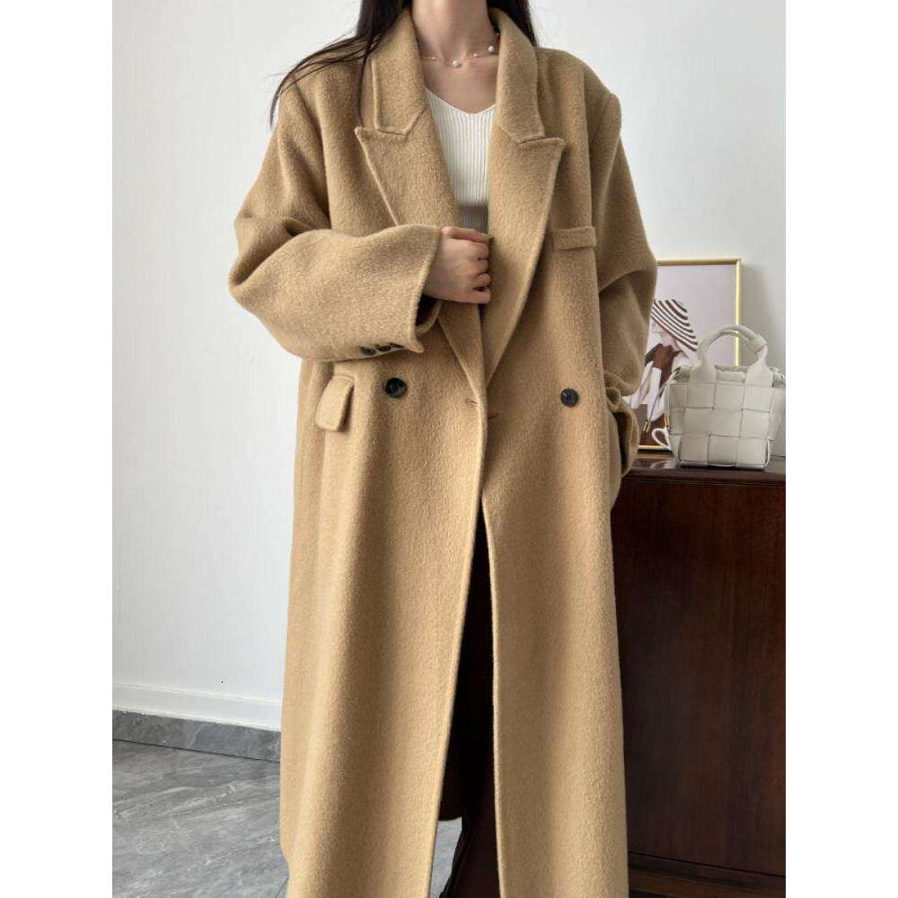 Office Lady Woolen Jackets 2024 Autumn And Winter Suit Collar Double Breasted Loose Long Women's 100% Wool Coats