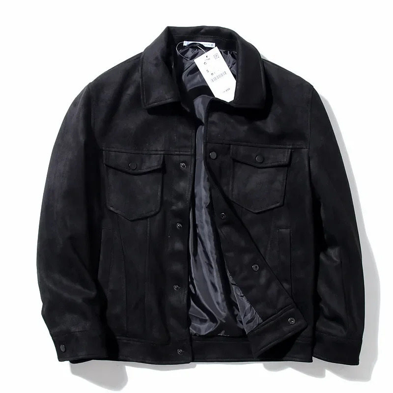 Mens Suede Jacket Vintage Lapel Multi Pocket Cargo Coat High Quality Spring Autumn Casual Jackets Top Male 241015