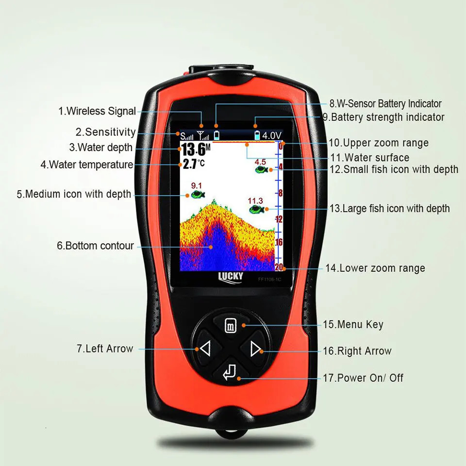 Lucky Rechargeable Fish Finder 08-1CWLA/CT wireless sonar sensor Fishing Finder color display maximum water depth of 45M 241016