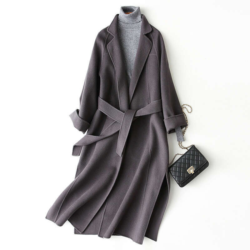Plus Size Double Sided Woolen Overcoat Women 2021 Winter Fashion High End Long Loose Lacing Belt Black 100% Wool Coat