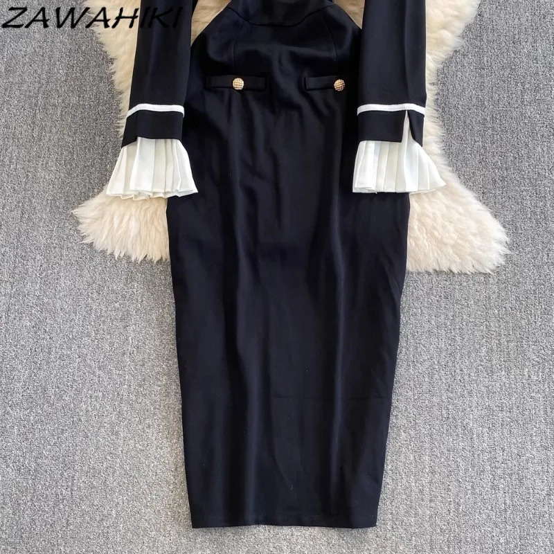Evening Dress for Women Patchwork Pleated Button Vestidos Contrast Color Flare Sleeve Femme Robe Temperament Ropa Mujer 241007