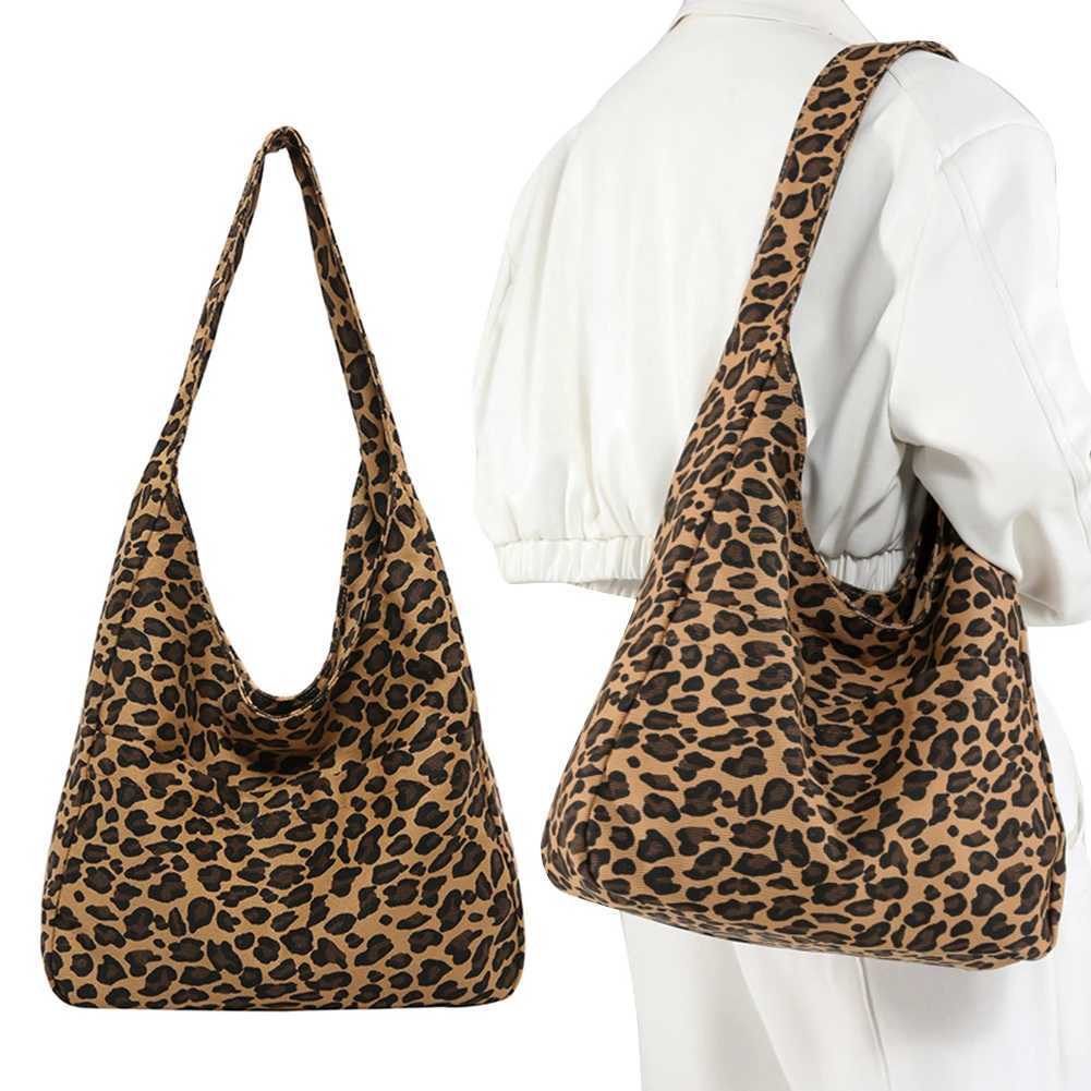 Ladies Leopard Retro Shoulder Satchel Bag Multi Pocket Canvas Underarm Large Capacity Buckle Closure for Shopping Travel Work 241016