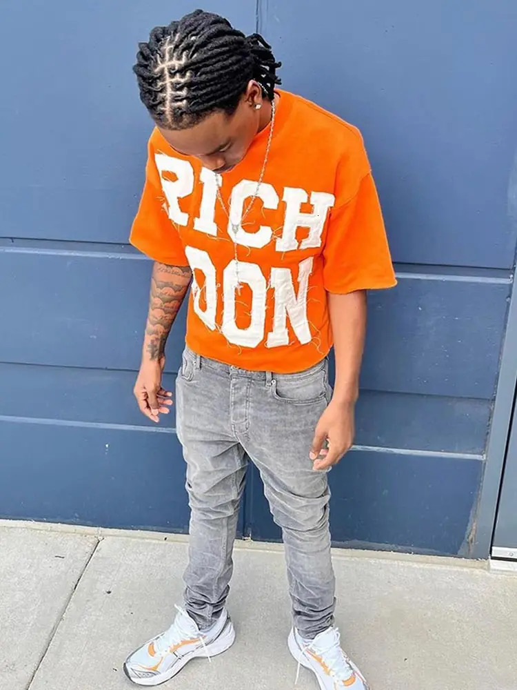 Rich Soon print O-neck mens fashionable short sleeved loose shirt top Y2k street Harajuku hip-hop casual T-shirt 241015