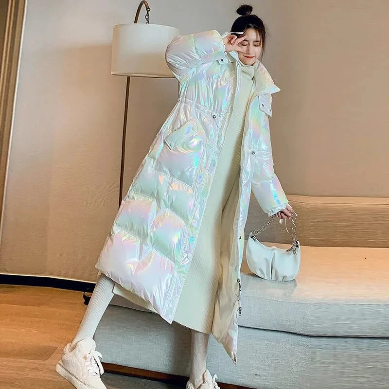Winter Glossy Down Jacket Womens Thicken Down Cotton Hooded Coat Windproof Rainproof Warm Parka Long Overcoat Female 241008