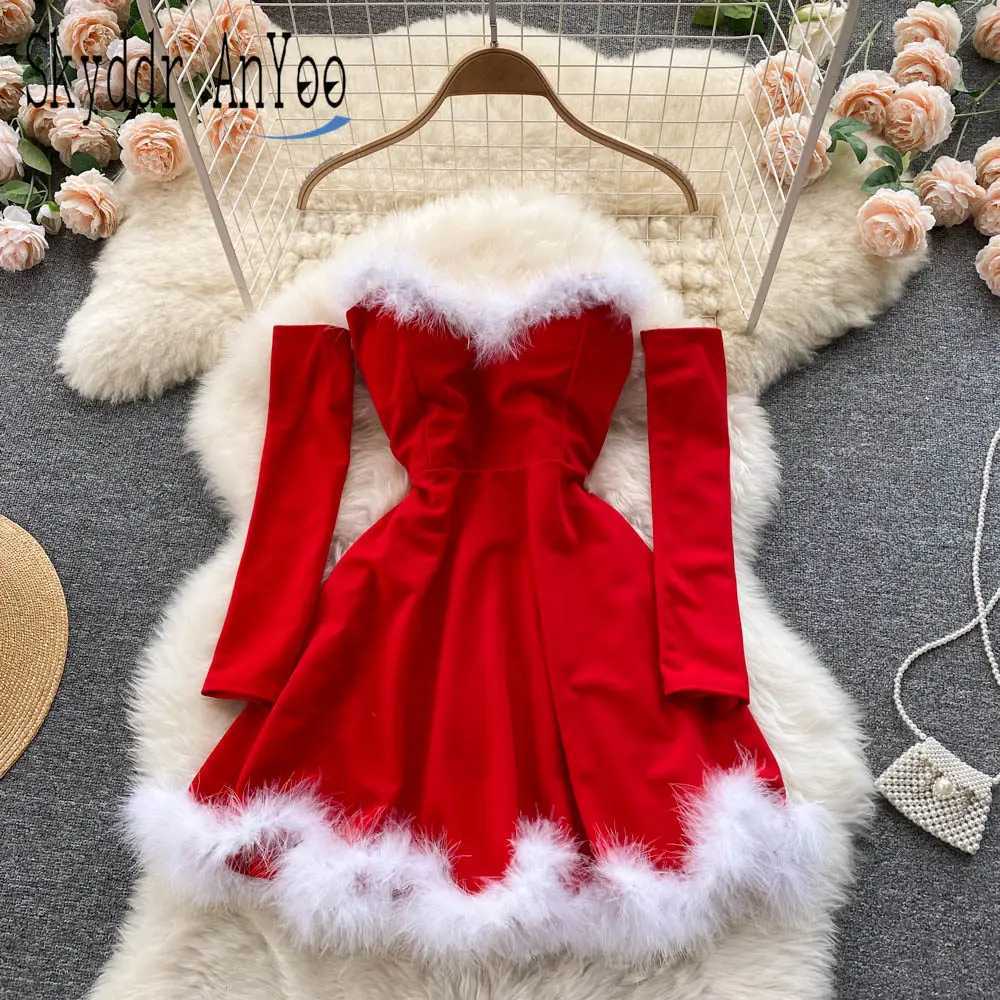 Theme Costume Womens Elegant New Year Dress 2024 Strapless and Backless Fur Sexy Mini Christmas Dress Navidad Red Party Dress for Women Y241016WDE1